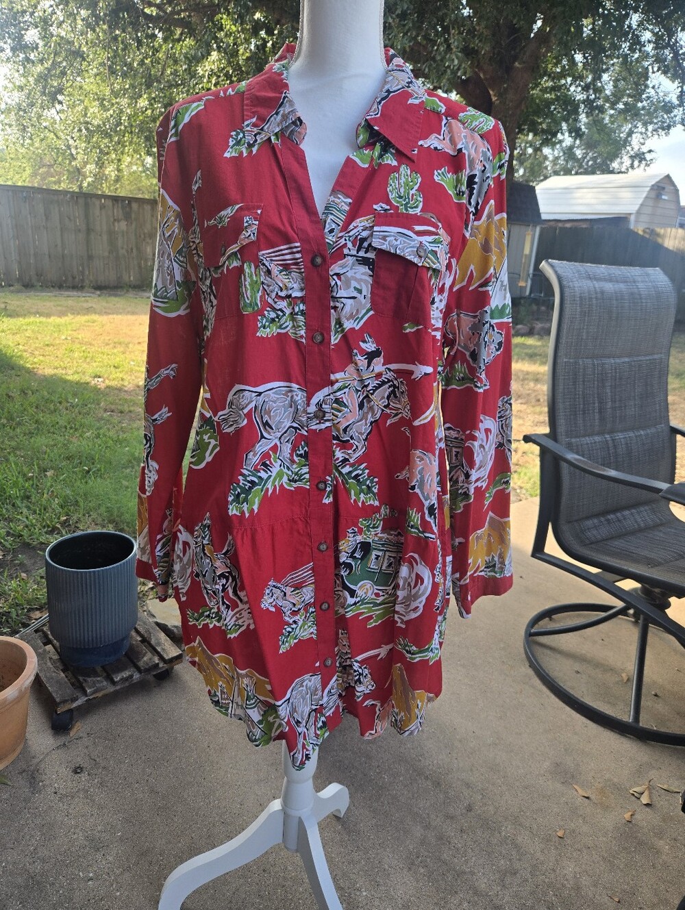 Womens Red Printed 3/4 Sleeve Shirt - Vibrant all Over Vintage Cowboy&indians